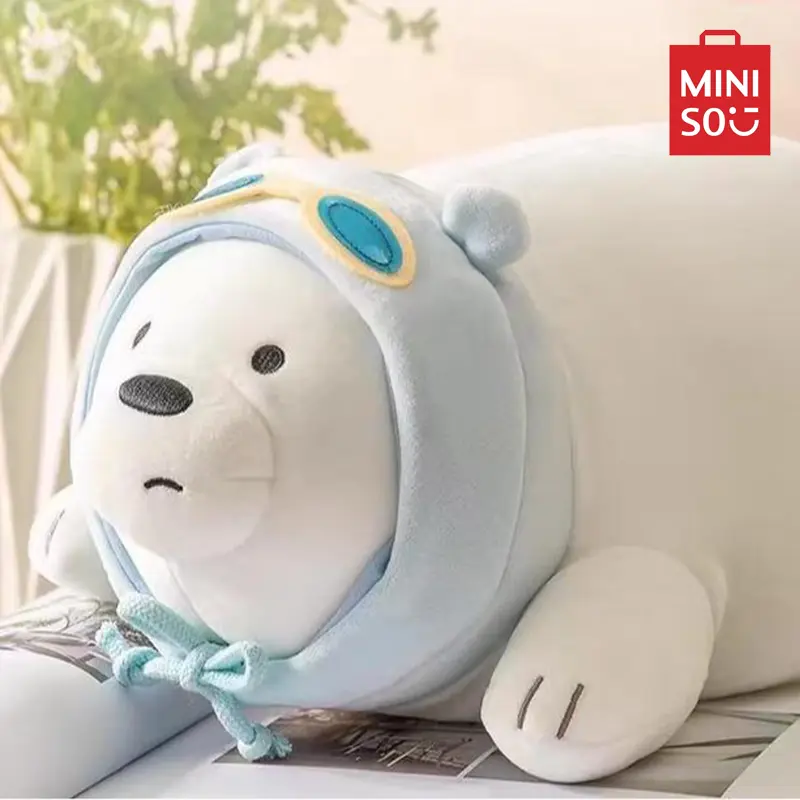 MINISO We Bare Bears Series White Bear Stuffed Animal, 38x19x17cm Durable Soft Fluffy Polyester Fiber Pillow, Bedroom Decoration, Kids' Gift Idea (Avoid High Temperature), Stuffed Animals
