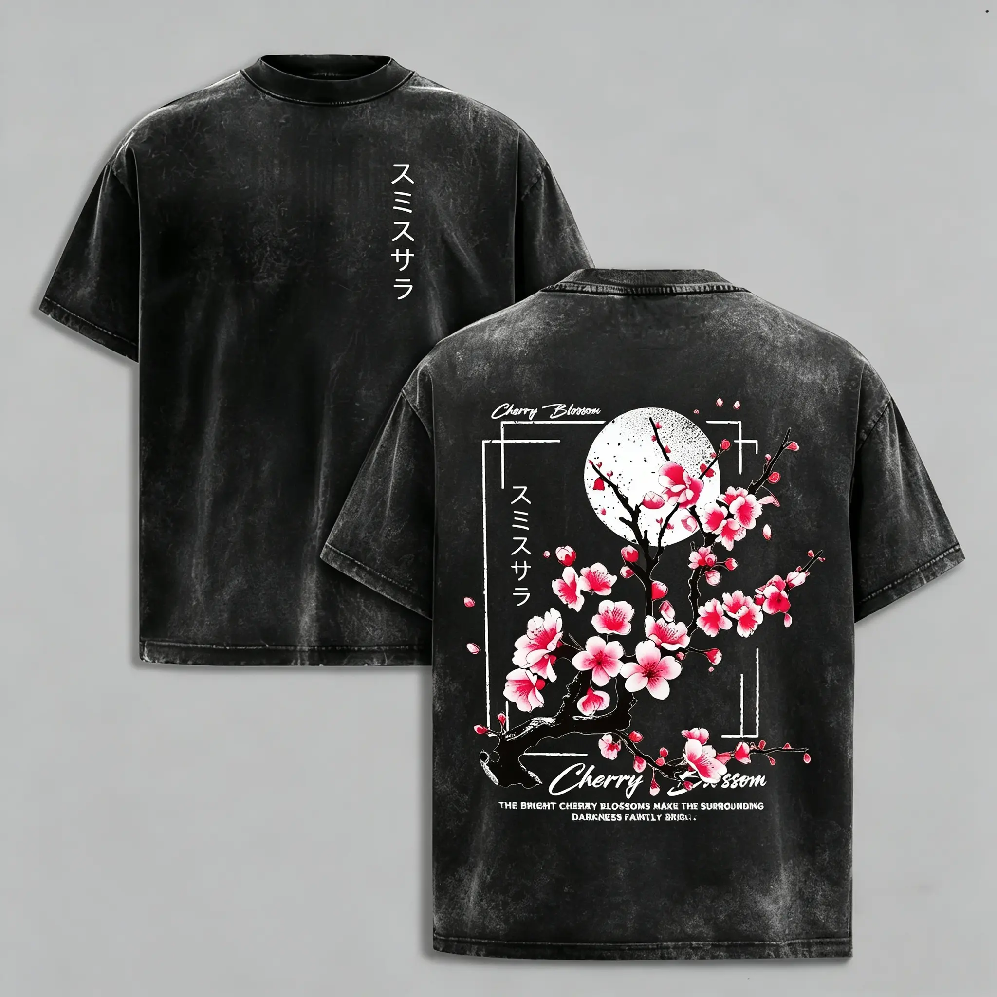 Men's Oversized Distressed T-Shirt with Sakura Japanese Letter Graphic, Vintage Washed Heavyweight Cotton Round Neck Short-Sleeve for Daily Wear, Wrinkle, Shortsleeve, Fabric, Soft, Menswear, Retro