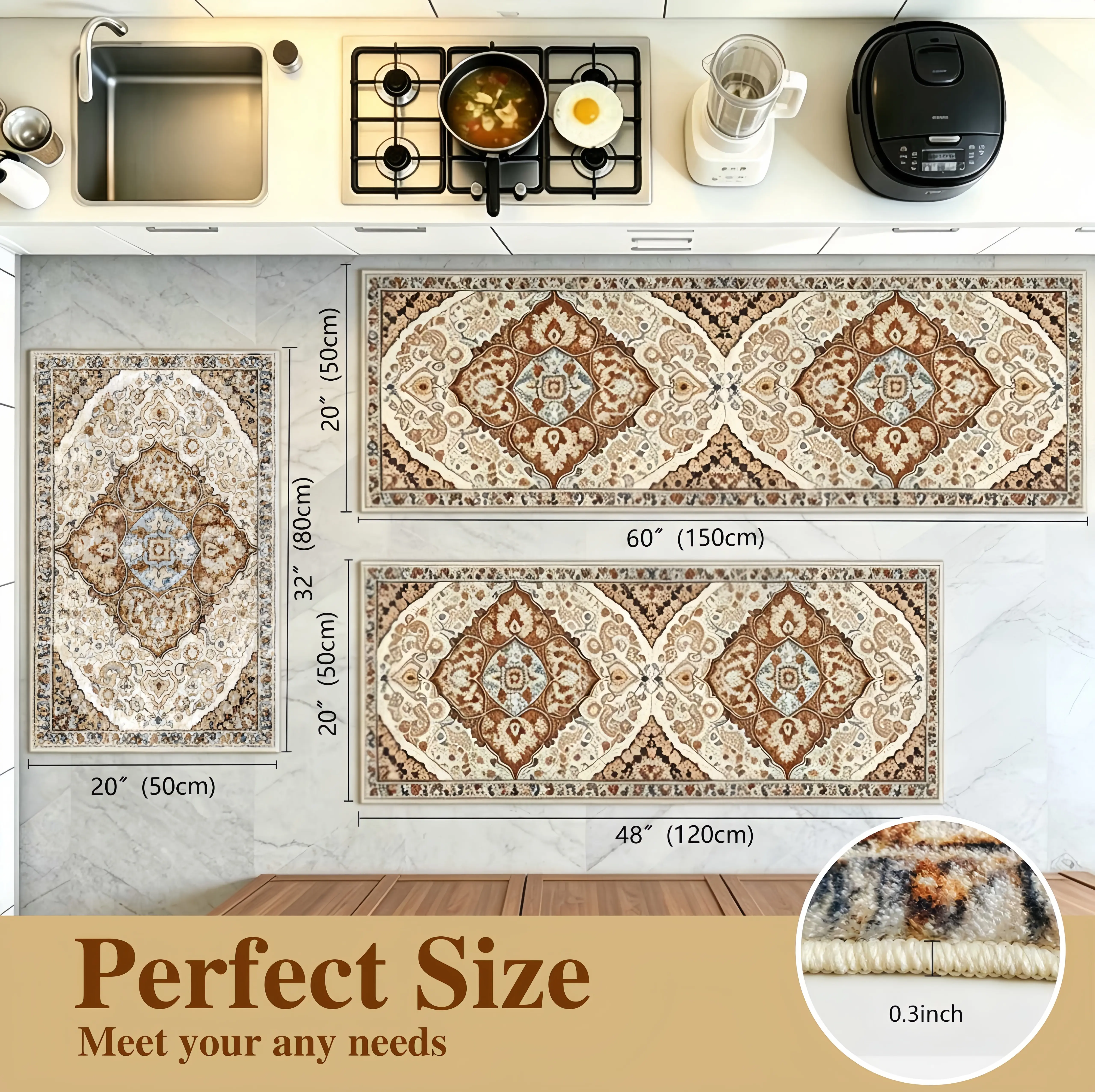 Azulia Home 3-Piece Luxury Persian All-Surface Kitchen Rug Sets - 1200GSM Heavyweight, Anti-Drift TPR Backing, Machine Washable, Cozy Bohemian Culturally-Inspired Mats for Kitchen, Entryway (20"x48"+20"x30"+20"x24"), All-Surface Kitchen Rugs, Anti-Drift K