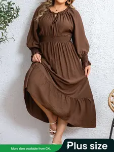 Plus Size Women Fall New Arrival Womenswear Casual Long Sleeve Dress, Elegant Round Neckline, Waist Tie Design, Modest Woven Fabric, Perfect for Daily Wear