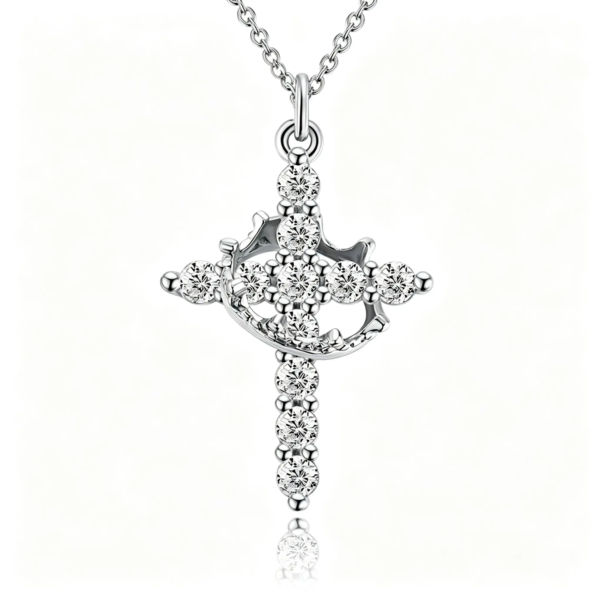 Silver Plated Crown Wreath Cross Pendant Full Paved Cubic Zirconia Rolo Christian Religious Faith Y2K Gothic Charm for Women Trend Jewelry Gift collar tiara necklace