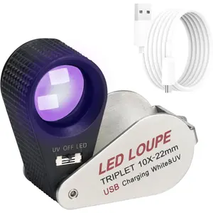 Illuminated Jewelers Loupe Magnifier 10x, Rechargeable Jewelers Loupe Foldable Jewelry Magnifier LED Loupe Triplet with 6 LEDs & UV Light for Gems, Jewelry, Coins, Stamps, etc