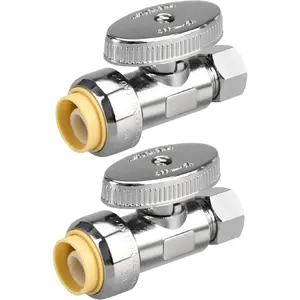 2pcs Stop Valves, 1/2" × 3/8" Straight Stop Valve, 1/2" PTC Input, 3/8" OD Compression Output, Push to Connect, 1/4 Turn, Chrome Plated Brass for Faucet, No Lead