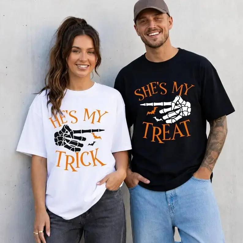 Halloween Matching Couple Shirts | Skeleton Hands Graphic Tee, Spooky Season Couple Outfit