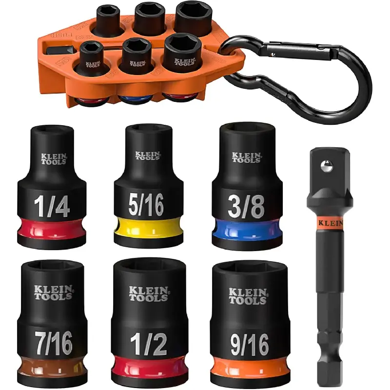 Klein Tools 33808 Grab-And-Go Impact Socket Work Tools Set, SAE 7-Piece 3/8-Inch Drive Kit with Sleeve, Carabiner, Color-Coded 1/4, 5/16, 3/8, 7/16, 1/2, 9/16-Inch Sockets
