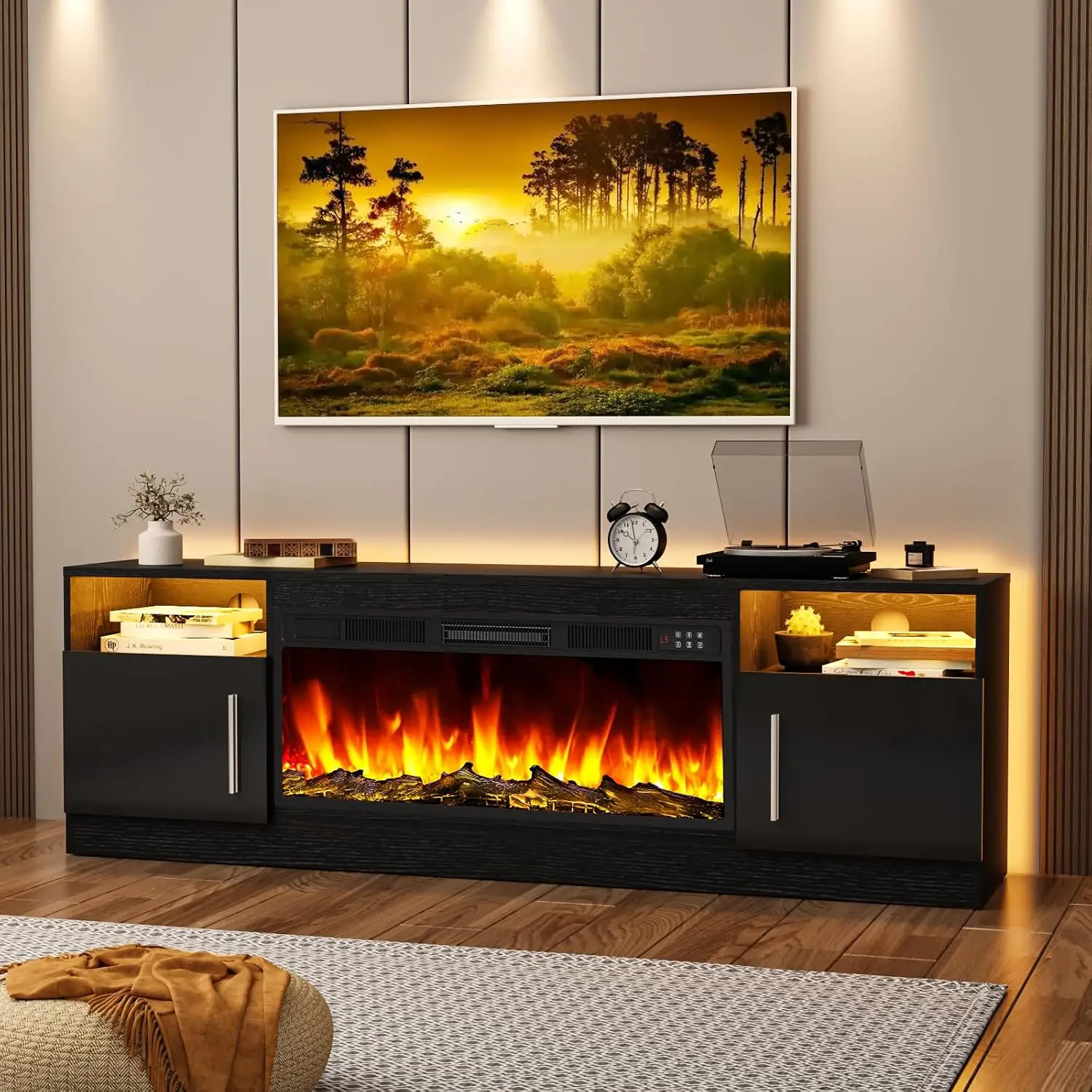 【2 Packages Shipping】 Fireplace TV Stand Entertainment Center with Fireplace, Wooden TV Stand for TVs Up to 80",Media TV Console with High Gloss Storage Cabinet and 16 Colors LED Lights,dorm essentials,home decor