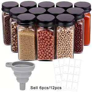6/12 Pack Spice Jars with Labels, Foldable Funnel, 4oz/120ML Square Spice Storage Bottles