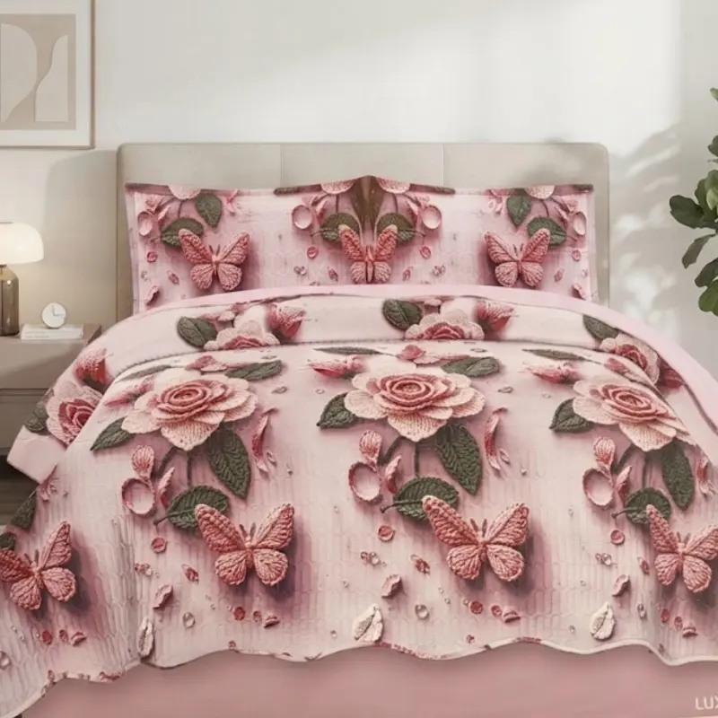 Luxe Botanica 4-Piece King Bedspread Set – Pink Rose & Butterfly Quilted Bedding with Matching Shams & Fitted Sheet