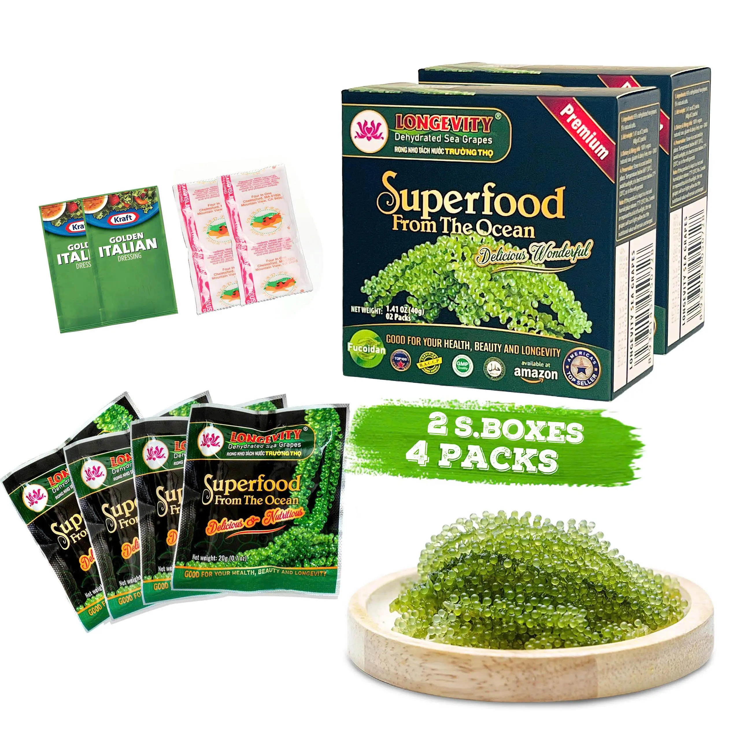 Longevity Dehydrated Sea Grapes 4 Packs of 4.23 oz Green Caviar Umibudo Latok Seaweed Organic Premium Quality Crunchy Flavor Superfood From The Ocean