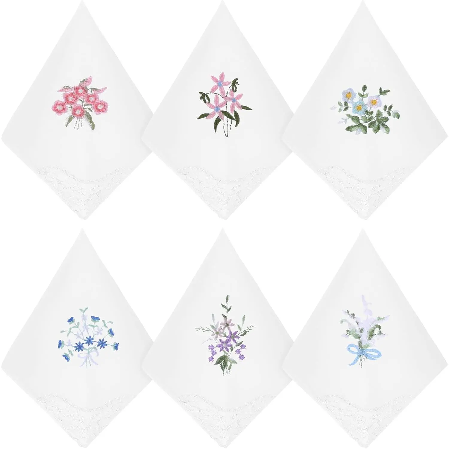 6Pcs Ladies Handkerchiefs Cotton Handkerchiefs for Women Vintage Floral Embroidered Hankies with Lace Edge White Soft Lace Handkerchief for Wedding Party