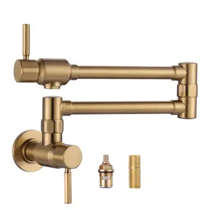 WOWOW Brushed Gold Wall Mount Pot Faucet for Kitchen Sink, Solid Brass Heavy Duty Folding Stove Faucet 2 Handles with Double Joint Swing Arms