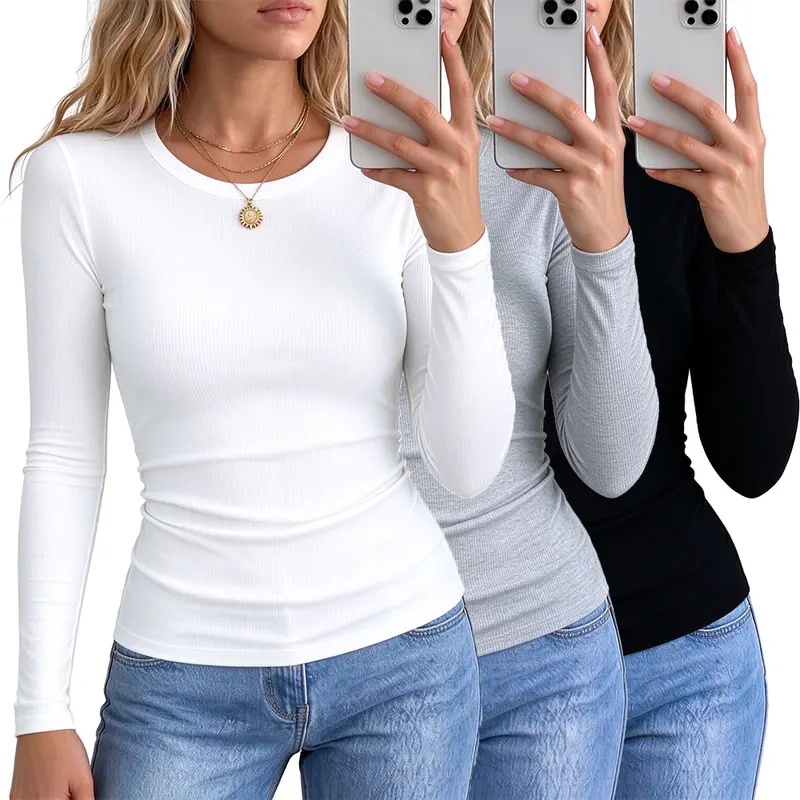 3 Pack Womens Long Sleeve Slim Fit Shirts Tops Blouses Fall Fashion Outfits Clothes