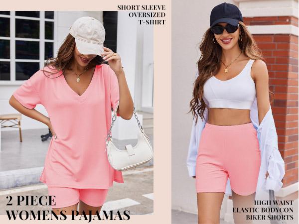 EKOUAER V-neck Two-Piece Pajama Set For Women Summer Casual Oversized Split Hem Shirts & Biker Shorts Minimalist Lounge Wear Soft Homewear Cozy Pjs Clothes Comfy EKOUAER V-neck Two-Piece Pajama Set For Women Summer Casual Oversized Split Hem Shirts & Biker Shorts Minimalist Lounge Wear Soft Homewear Cozy Pjs Clothes Comfy