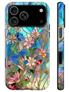 Case for iPhone 17 Pro Max,Stained Glass Bloom Flower Phone Case Drop Resistant Glossy 2 in 1 Solid Dual-Layer Cover for Girl Women