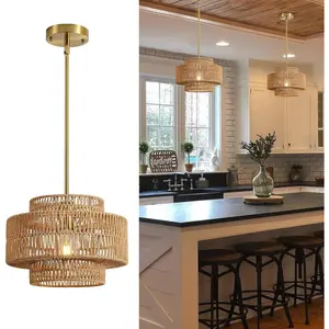 12.4" Boho Rattan Chandelier Light Fixture, 1-Light Hand Woven Pendant Light Fixture Farmhouse Rustic Hanging Lamp for Kitchen Island Bedroom, Dining Room, Living Room, Entryway, Foyer