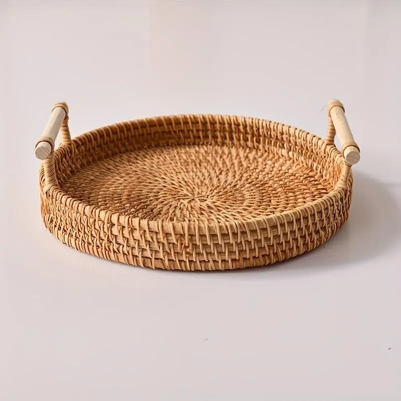 Round Rattan Storage Tray, 1/3 Pack Boho Style Tea Tray with Handle, Fruit Plate, Bread Snack Bohemian Basket, Home Organizer for Kitchen, Dining Room Decor