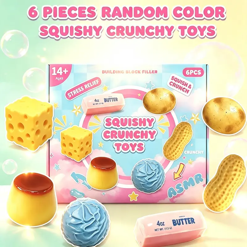 6-Piece Crunchy Squishy Food-Shaped Fidget Toys - Soft Safe Unisex ASMR Squeeze Sensory Decompression Stress Relief Items, Cool Gifts for Adults, Toys for Grown Ups, Festive Party Supplies, Sensory Room Home Supplies