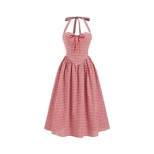 Cider Cotton-blend Gingham Halter Neckline Shirred A-line Maxi Dress