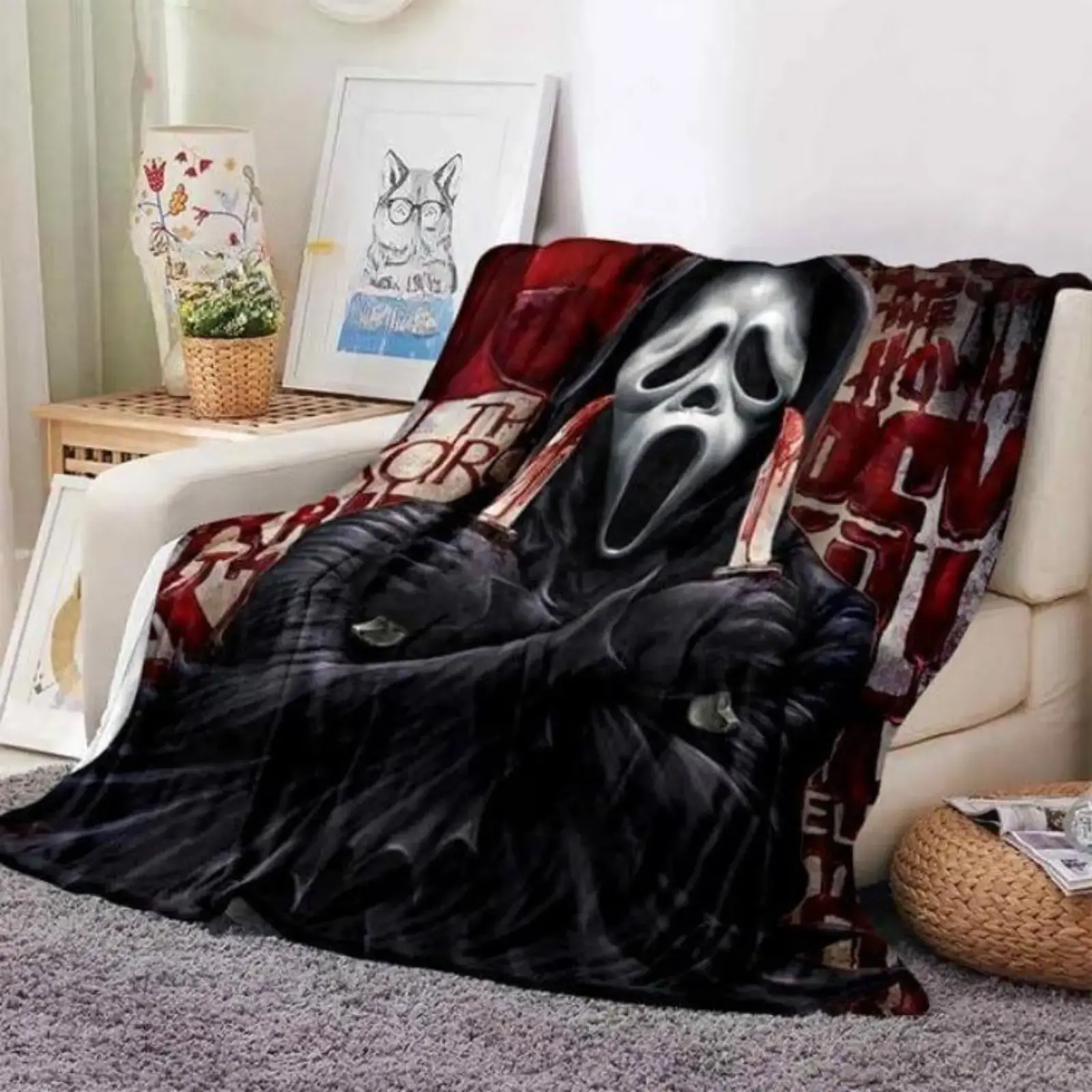 Halloween Horror Movie Blanket,Screams Blanket Scream Movie Ghost Face Throw Blanket,Lightweight Thermal Flannel All Season Cozy Blankets Ghost Face Horror Flannel Blanket, Gothic Halloween Fleece Throw Blanket for Couch Sofa Bed