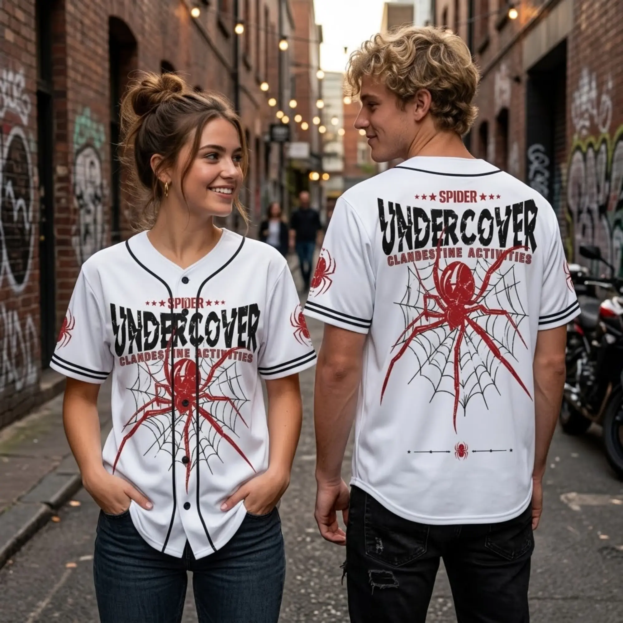 Men’s Spider Graphic Baseball Jersey, Short Sleeve Button Front Streetwear Shirt, White and Red Casual Sports Top