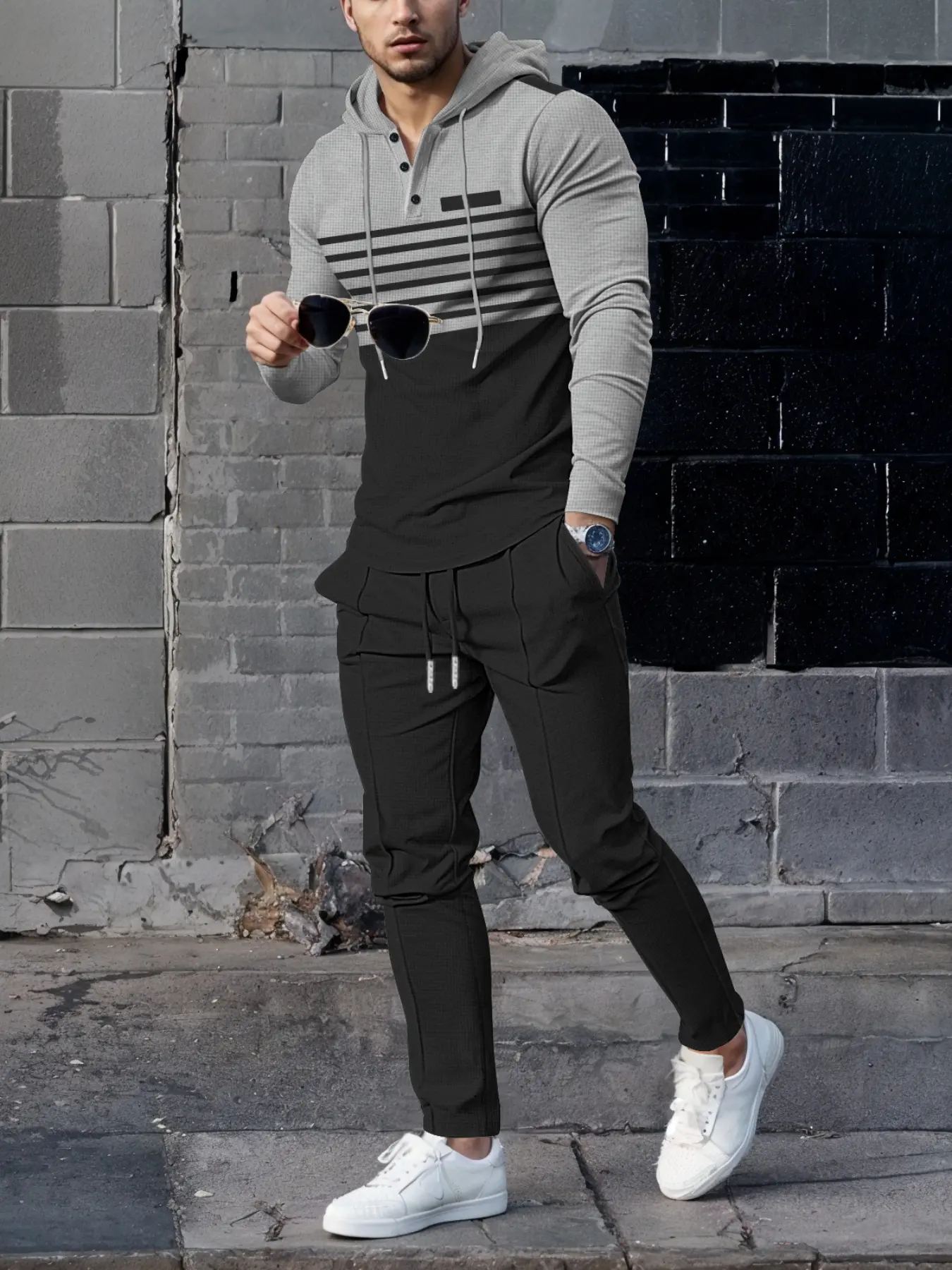 Men's Striped Patchwork Hoodie Long Sleeve & Waffle Knit Pants Set, Breathable Comfort Soft Fabric, Casual Streetwear Travel Fashion Aesthetic, Essential Gift, Menswear