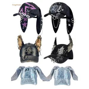Unisex Wasteland Style Bunny Ear Baseball Cap, Adjustable Snapback Cap, Punk Denim Trucker Hat with Chain, Streetwear Hip Hop Costume for Halloween Party