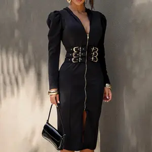 ChicMe Plunge V Neck Gigot Sleeve Valentine's Day Waist Metal Buckle Decor Dress Casual Slim Fit Work Midi Dress for Wedding & Wedding Guest