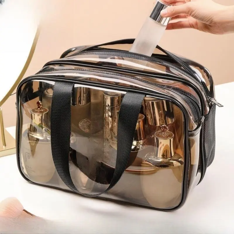 Clear Double-layer Travel Makeup Bag, Large Capacity Portable Cosmetic Toiletry Bag with Wet & Dry Uses Zipper Makeup Pouch