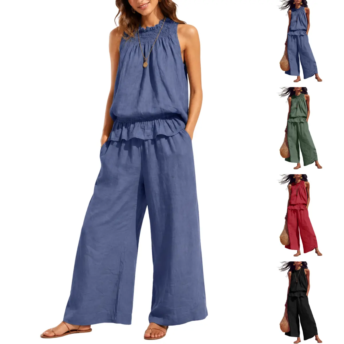 Molitree Women's Linen 2 Piece Outfits Sleeveless Ruffle Top Wide Leg Pants Summer Loungewear Beach Travel Sets Womenswear Bohemian