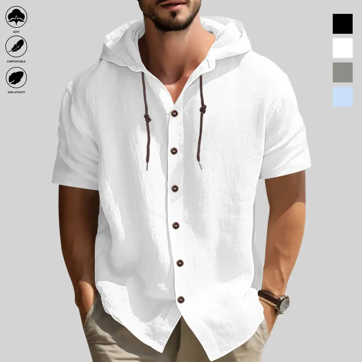 Men’s casual hooded long-sleeve shirt — button design, adjustable drawstring hood, non-stretch fabric, regular fit, plain style; men’s fashion clothing suitable for spring and autumn outdoor hiking and everyday wear.