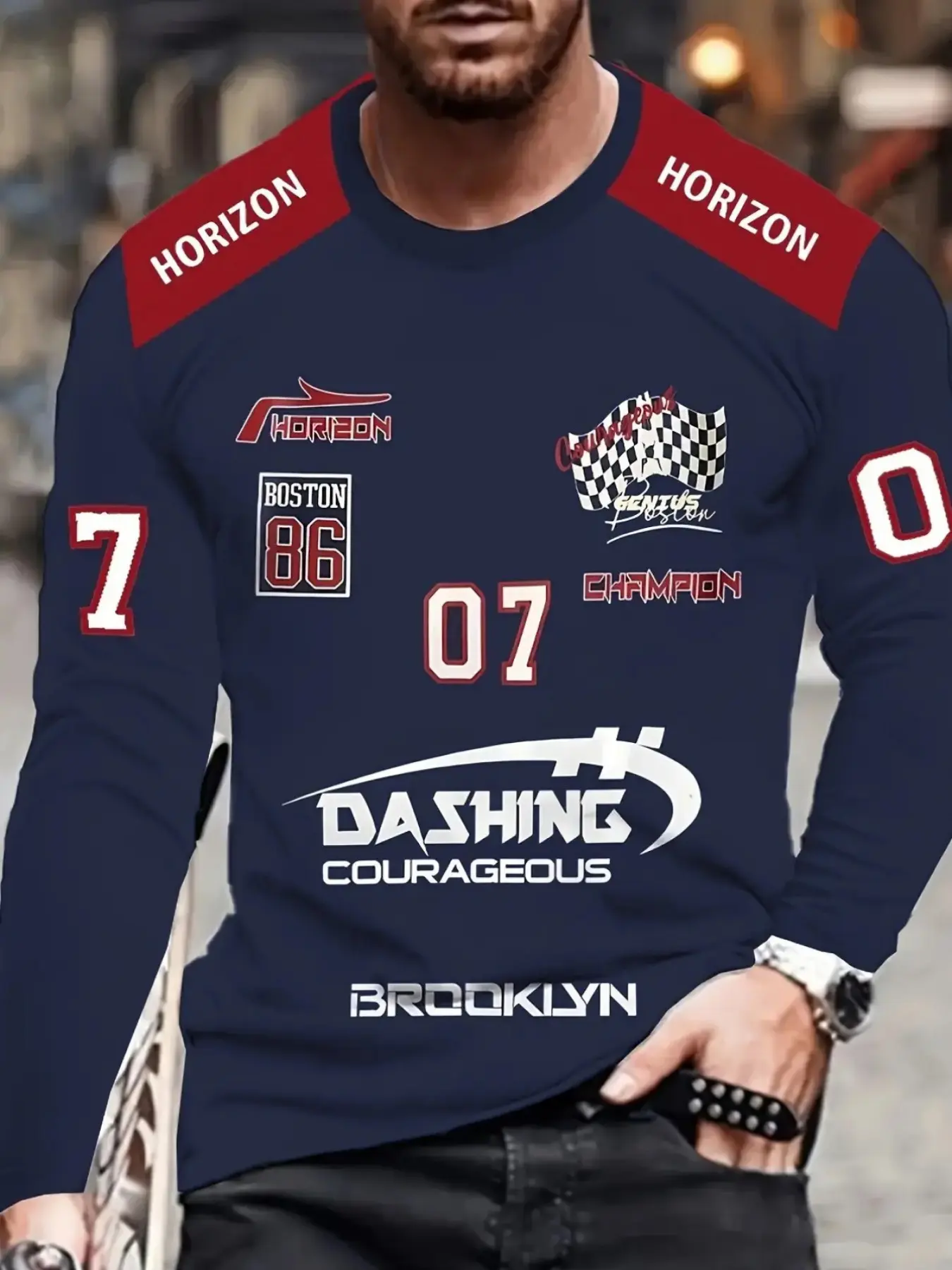 Men's Racing Sponsor Logo Printed Long Sleeve T-Shirt, Casual Slim ...