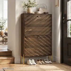 23.6-Inch Walnut Mid-Century Modern Freestanding Shoe Cabinet with Metal Legs, Farmhouse Shoe Storage Rack with 2-Layer Flip Drawer Organizer, Easy Installation for Entryway, Hallway
