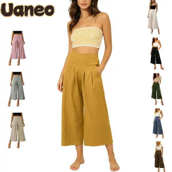 UANEO Women's Cotton Linen Wide Leg Culottes Bottoms - Elastic Waist, Pockets, Minimalist Basic Casual Women's Clothes Capri Pants,summerwins,summeroutfits,vacationoutfits,beachoutfits
