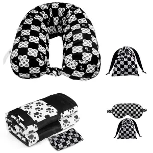 Boys‘ All-in-One Travel Set – U-Shaped Neck Pillow with Hidden Blanket + Satin Sleep Mask – Black Paw Print Pattern – Cozy for Flights, Camping & Road Trips fun style   cartoon fan  Cute Cartoon Anime Flannel Throw Blanket  kids cozy |Ships from USA