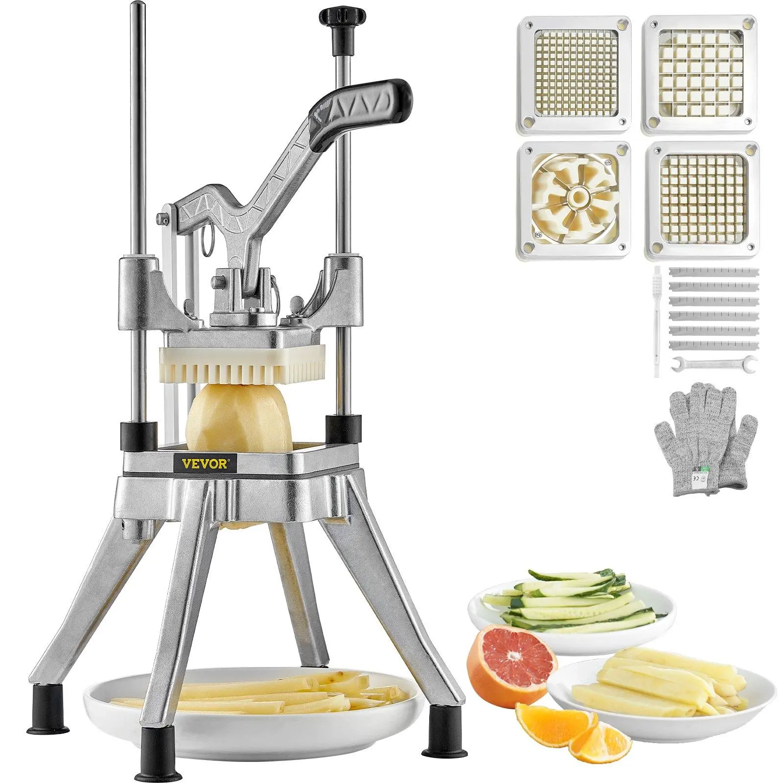 【Summerfinds】VEVOR Commercial Vegetable Chopper w/ 4 Replacement Blades, Stainless Steel French Fry Cutter Potato Dicer & Fruit Slicer for Restaurants & Home Kitchen