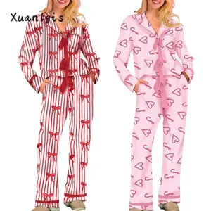WomenPajamasBow/HeartPrintTieFrontLongSleeveTopsandLongPantsSetFamilyMatchingSleepwear??gift??