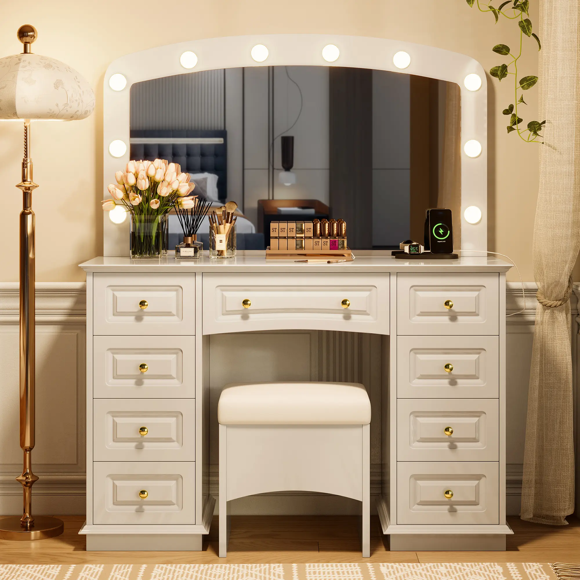 Classic White Furniture-Style Makeup Vanity Set - Hollywood Dressing Table with 10 Bulbs, 3-Color Light, 9 Drawers, Cushioned Flip-Top Seat, Vanity Organization, Power Outlet, Charging Port Plug for Bedrooms, Ideal for Daily Makeup & Glam Selfies, Live St