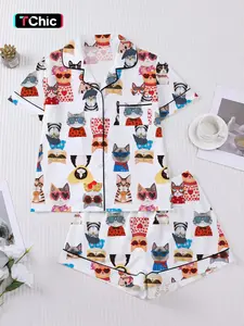 This 2-piece women's pajama set, Loungewear, features a cat print and short-sleeved collared button-down soft top and loose-fitting stretch shorts, it's an everyday outfit, perfect for holidays, parties, or casual outdoor wear