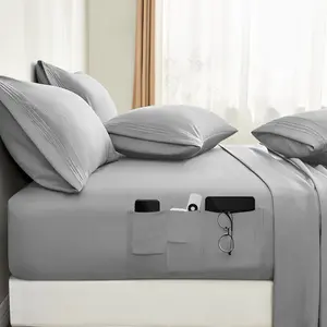 6 with Pockets on Side(Queen, Light Grey), Sweat-Wicking, 16-inch Super Embroidered Microfiber Sheet