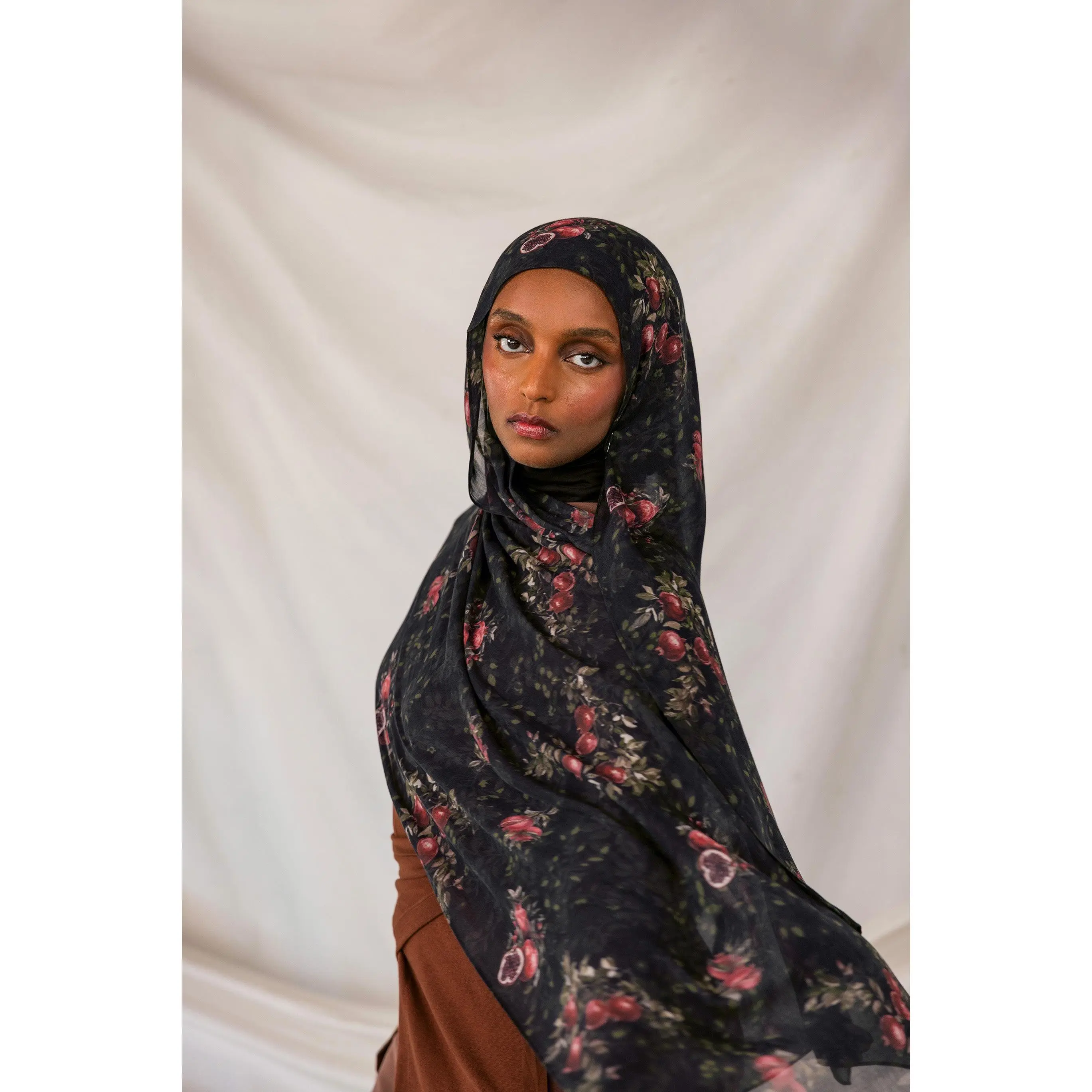 VELA Crimson Moody Pomegranate Print Modal Modesty Hijab Wrap - Soft Lightweight Muslim Headscarf Cover for Women, Hand Wash, Soft Drape Flatters Softly, Elegant Drape for Modest Fashion