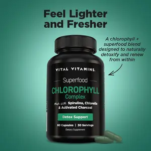 Vital Vitamins Chlorophyll Complex | Detox, Body Odor Control, Liver & Digestive Support | Spirulina, Chlorella, Parsley, Mint & Activated Charcoal | 60 Capsules Herbal Supplement Natural Healthcare