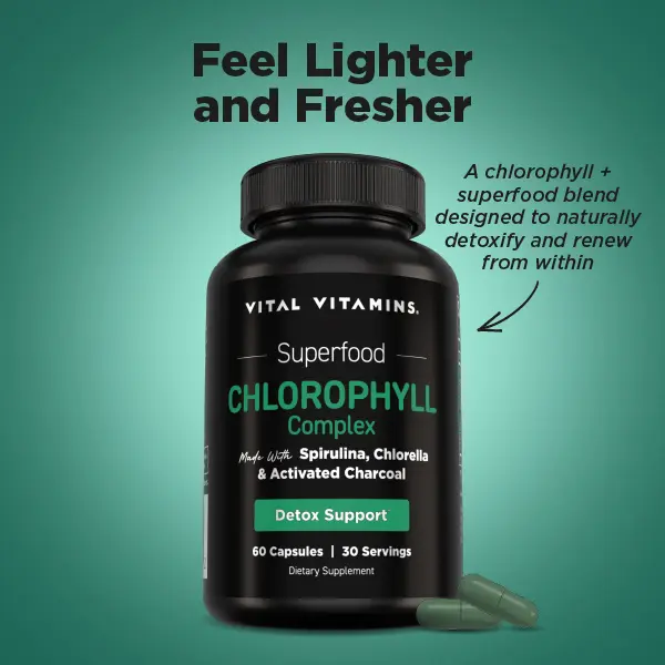 Vital Vitamins Chlorophyll Complex | Detox, Body Odor Control, Liver & Digestive Support | Spirulina, Chlorella, Parsley, Mint & Activated Charcoal | 60 Capsules Herbal Supplement