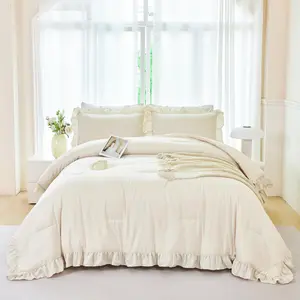 ANGIYUI 5Pcs Camel Ruffle Comforter Set Queen Size Boho Bedding Comforter Sets Vintage Farmhouse Bed Comforter Set Soft Bed in A Bag for Gilrs(Camel Queen)