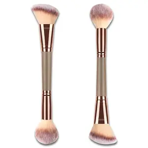 Champagne Gold Double-Ended Foundation Makeup Brush Angled/Round Top for Liquid Powder & Cream Blending Brown Wand All Double-Ended Blush & Powder Brush Set