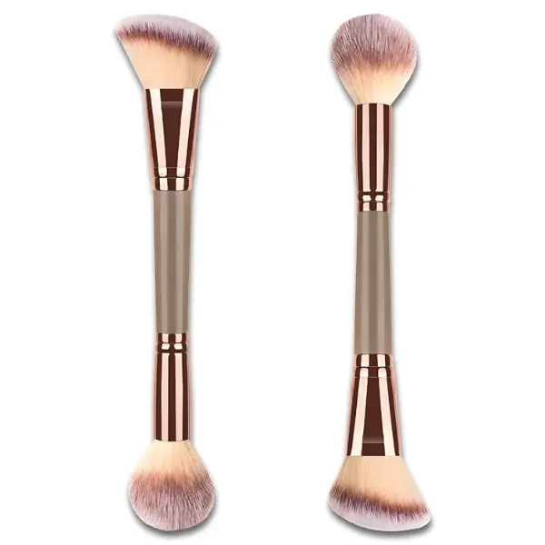 Double-Ended Foundation Makeup Brush, Angled Round Top Dual End Brush for Liquid, Powder & Cream Blending (Brown), champagne gold
