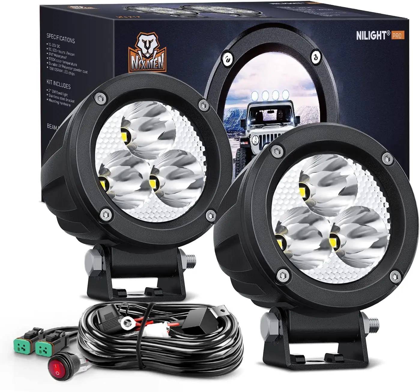 Nilight 3-Inch Round LED Auxiliary Spot Pods for Motorbikes, 2PCS 1550LM High Lumen Lights with Built-in EMC, Waterproof Off-Road Headlights for SUVs, Tractors, Outdoor Use, Auxiliary Lights