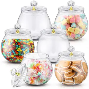 6 Pcs Clear Airtight Plastic Candy and Cookie Jars with Lids Decorative Apothecary Jars Food Storage Canisters for Candy Buffet Home Decoration, 30 oz Stylish