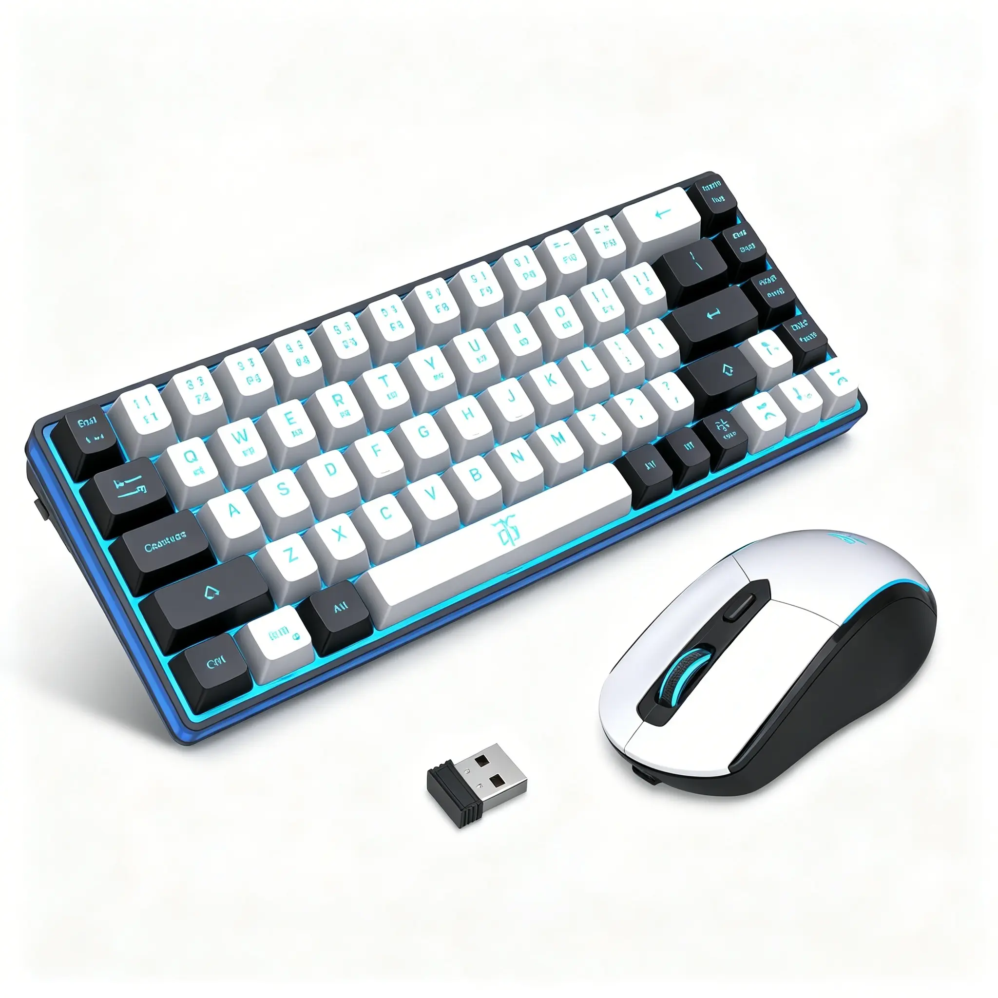 Compact 60% Gaming creamy Keyboard and Mouse Combo, White-Black Mechanical Feel Anti-Ghosting Keyboard with Ice Blue Backlight, 6D 3200DPI Mouse, 2000mAh Rechargeable Design for Work & Play lightweight collection