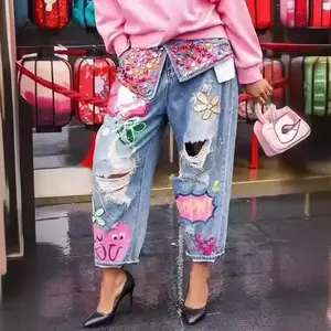 Women's Loose Heavy Embellished Rhinestone Printed Hole Denim Jeans ming Pants able Casual Womenswear Bottom Trouser Streetwear