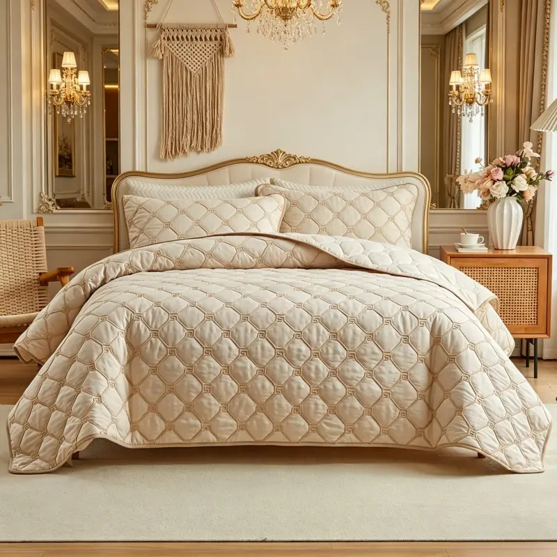 3-Piece Geometric Quilt Set, Soft Washable Polyester, Roman Spiral Pattern, Embroidered, Vintage Bedroom Decor, Unisex, All-Season Gift, Bedding Sets